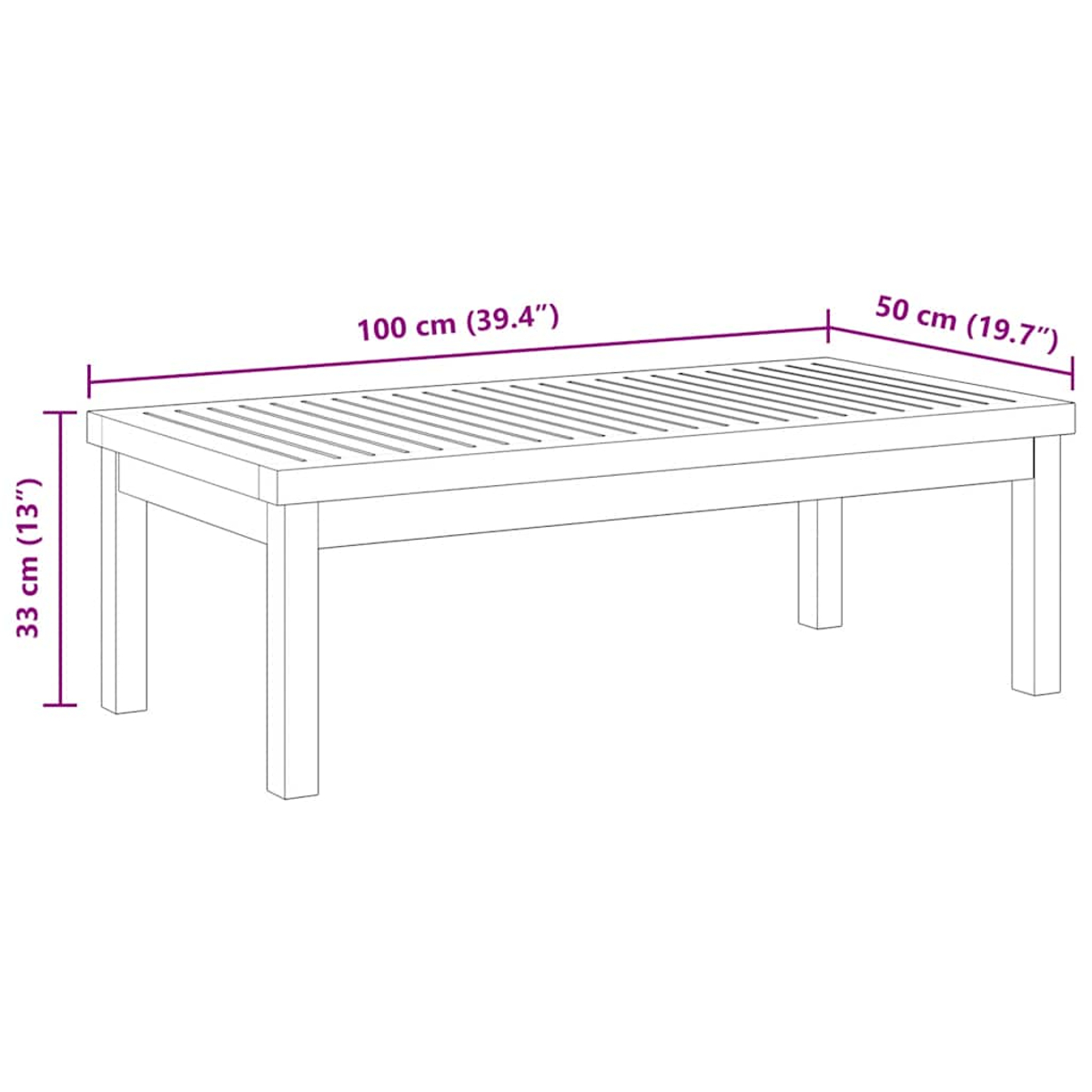 Ein weißer, rechteckiger Couchtisch aus Holz mit den angegebenen Abmessungen: 100 cm lang, 50 cm breit, 33 cm hoch. Linien zeigen Maße.