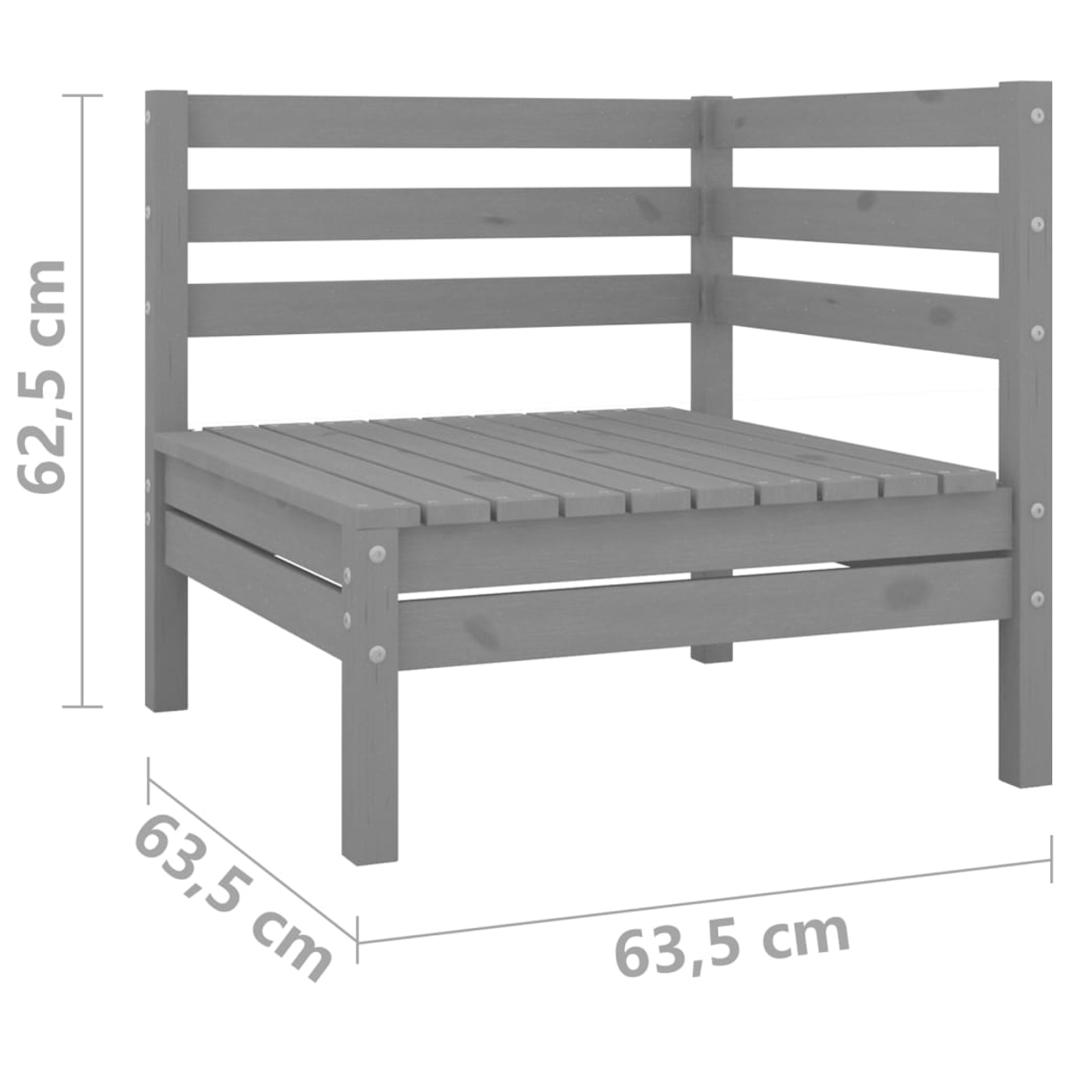 Grauer Eckstuhl aus Holz mit den Maßen: 62,5 cm Höhe, 63,5 cm Breite/Tiefe. Sitzfläche und Rückenlehne aus Latten.