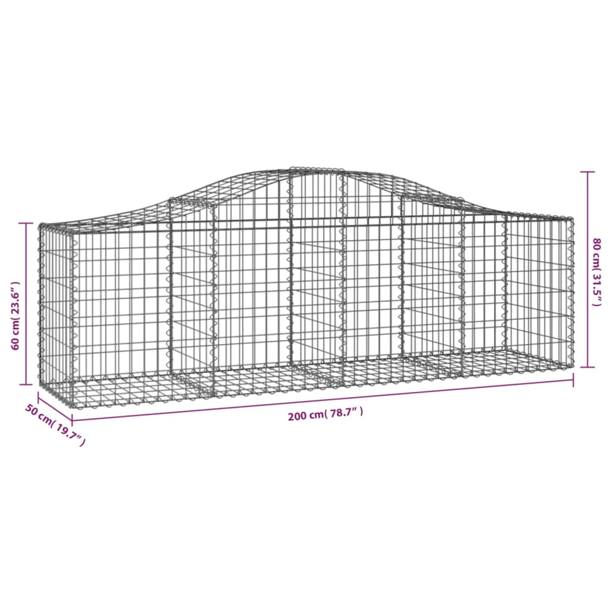 Ein rechteckiger Metall-Gabionenkäfig mit gewölbtem Oberteil. Die Maße sind beschriftet: 200 cm lang, 80 cm hoch und 50 cm breit.