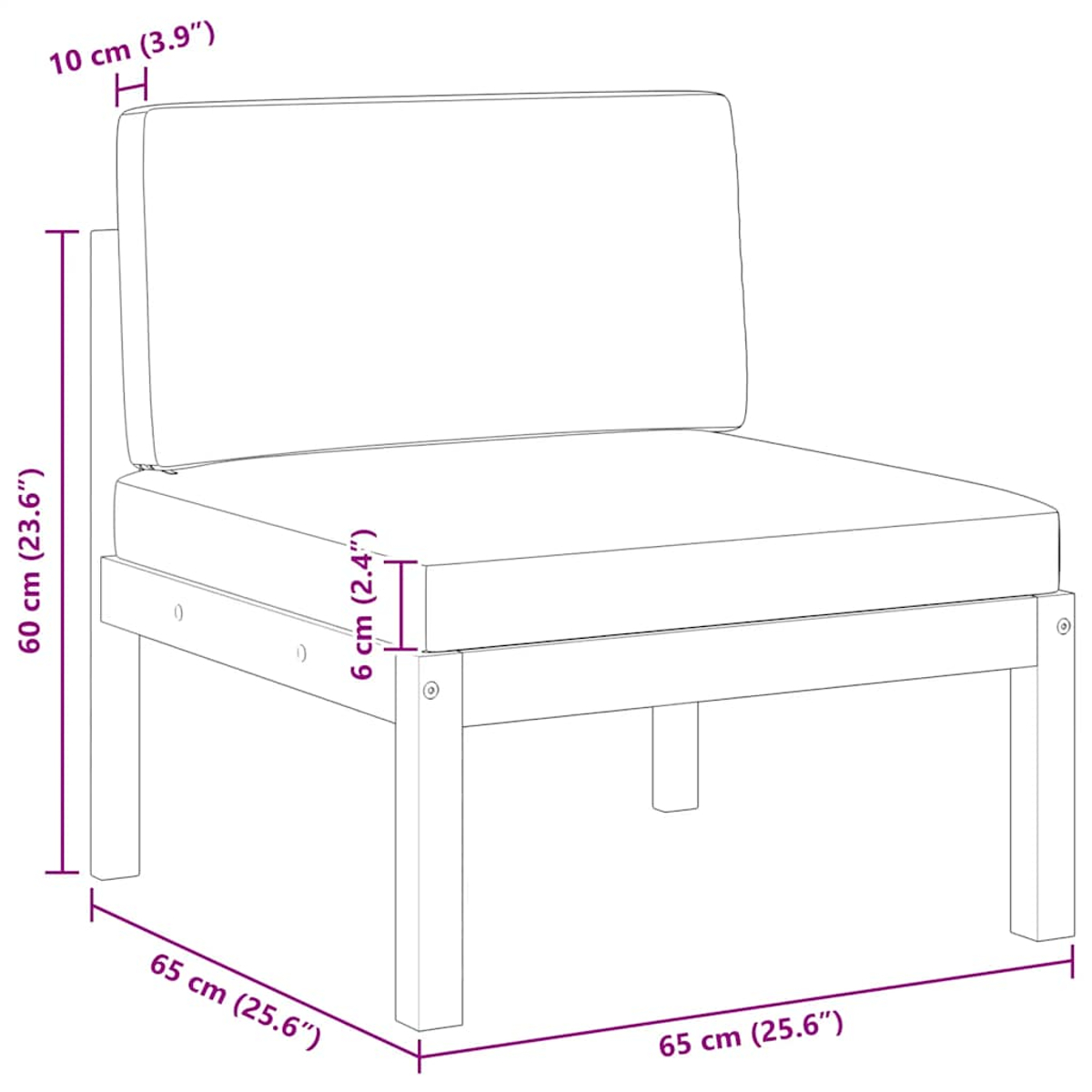 Diagramm eines Stuhls mit Maßangaben. Es hat eine Sitzfläche und eine Rückenlehne, mit den Maßen: 65cm, 60cm, 10cm und 6cm.