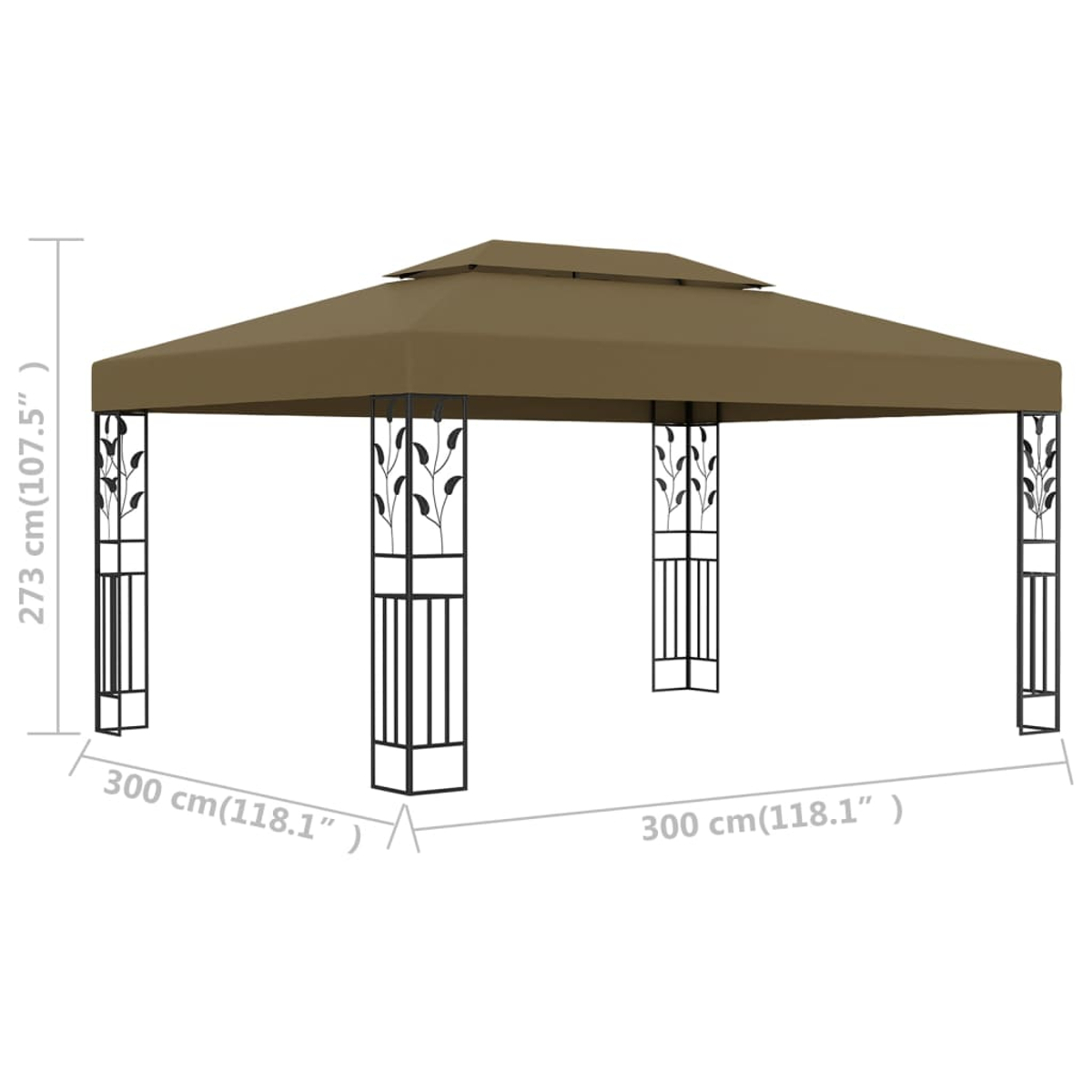 Ein brauner Pavillon mit Baldachin. Er hat schwarze Metallstützen mit dekorativen Blättermustern. Abmessungen sind angegeben.
