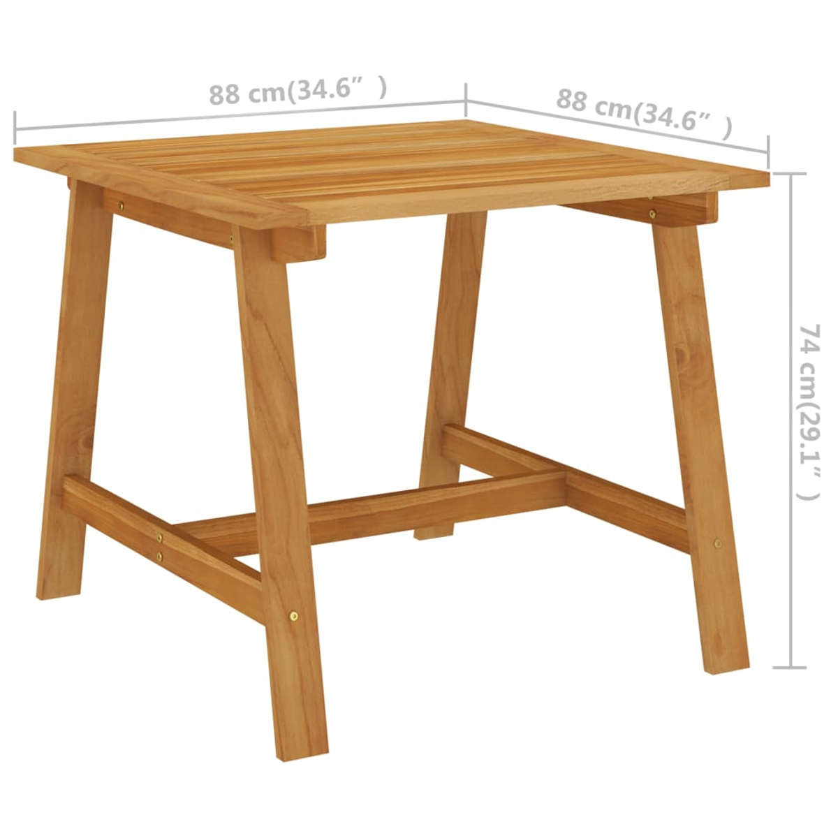Ein quadratischer Holztisch mit vier Beinen. Der Tisch ist braun, und die Abmessungen sind auf dem Bild angegeben.