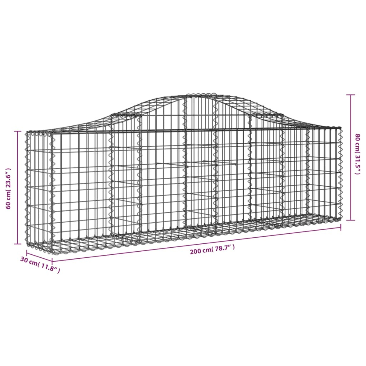 Ein rechteckiger Metallgabion mit gewölbtem Oberteil, auf weißem Hintergrund. Abmessungen in cm und Zoll angegeben.