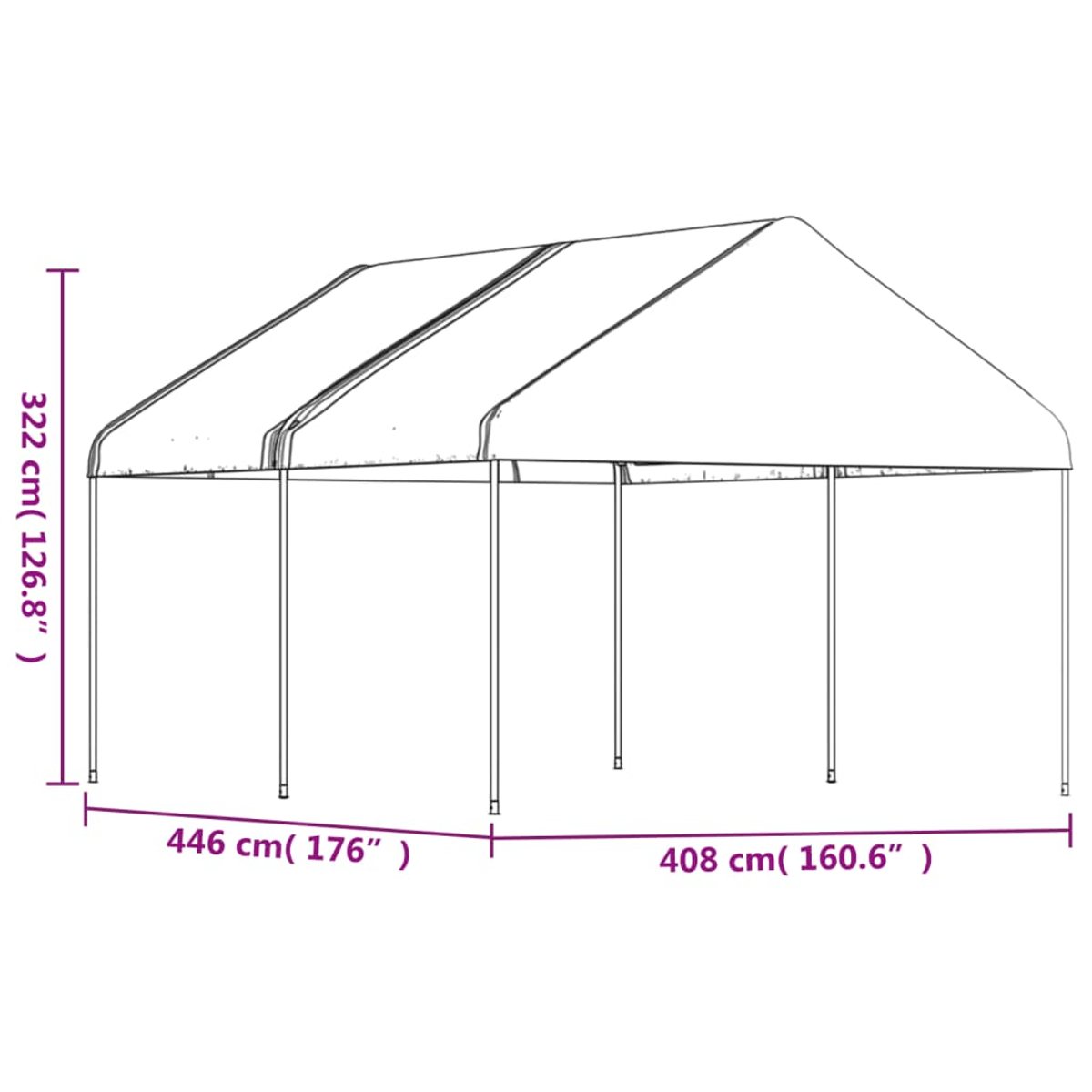 Strichzeichnung eines großen Zeltes mit den Maßen: 322 cm hoch, 446 cm breit und 408 cm tief.