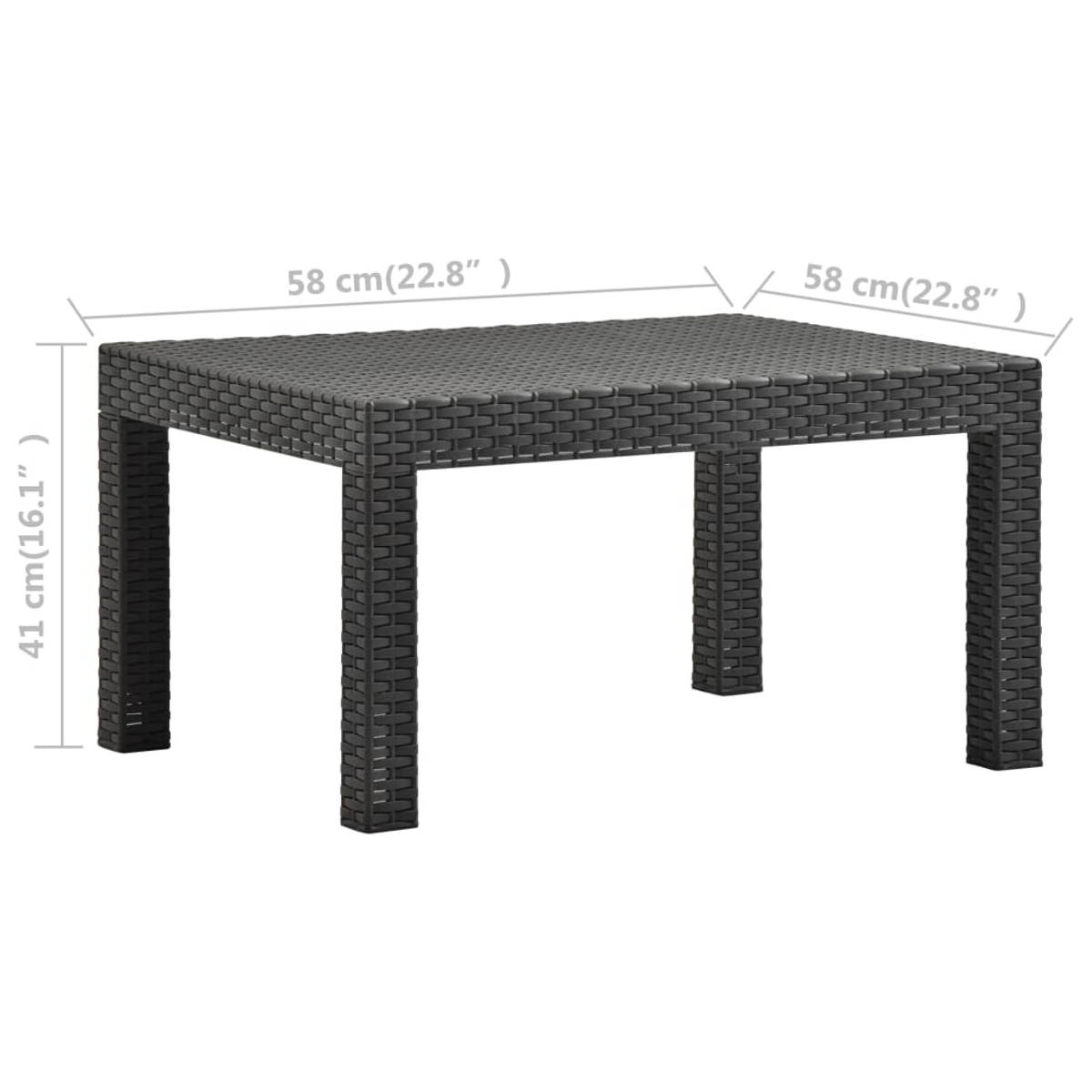 Ein dunkelgrauer Korbtisch wird gezeigt. Abmessungen sind angegeben, 58cm x 58cm x 41cm. Der Tisch hat vier Beine.