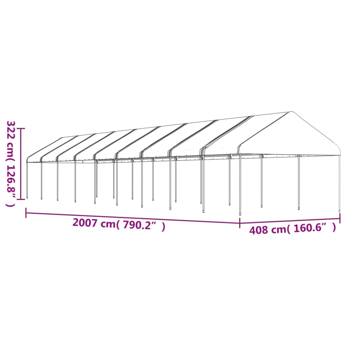 Ein Diagramm zeigt ein großes Zelt mit folgenden Abmessungen: 2007 cm lang, 408 cm breit und 322 cm hoch. Das Zelt ist umrissen.