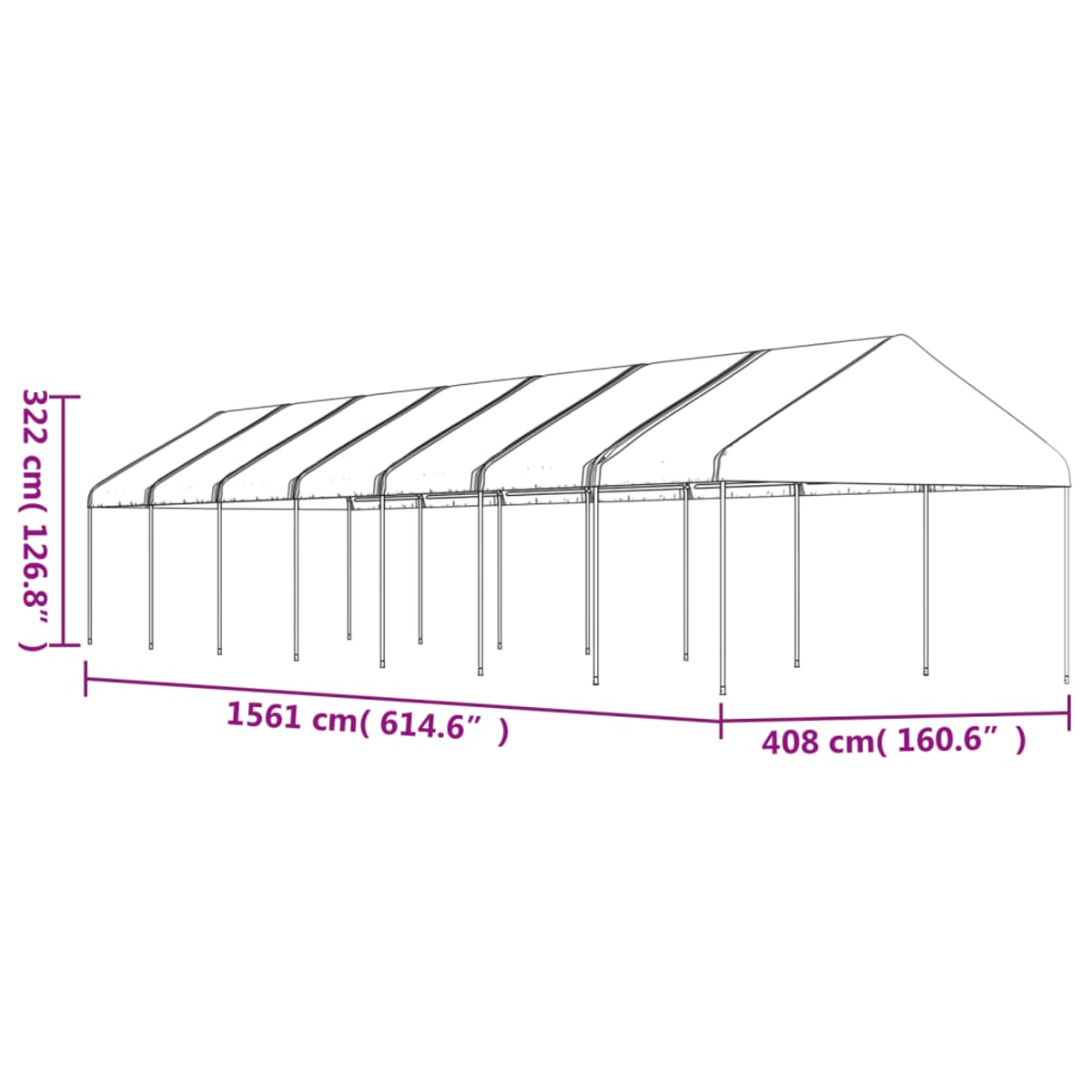 Ein weißes Carport mit Maßen: 322 cm hoch, 1561 cm lang und 408 cm breit. Es hat ein Dach und Stützpfosten.