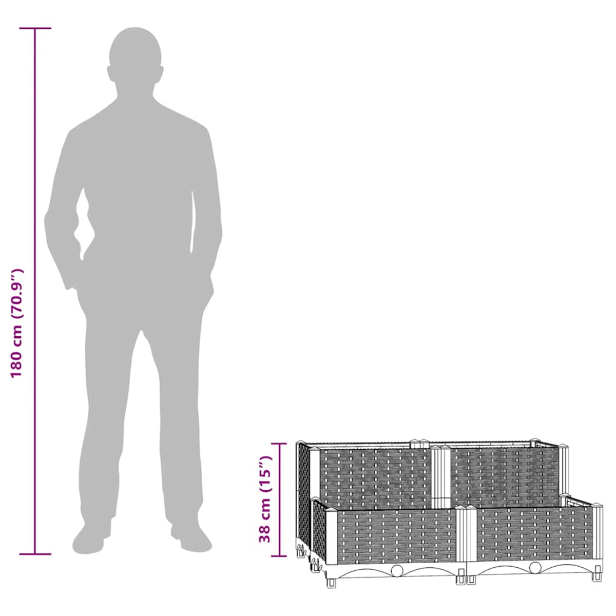 Eine Silhouette einer Person steht neben einem zweistufigen grauen Pflanzgefäß. Abmessungen sind für Person und Pflanzgefäß angegeben.