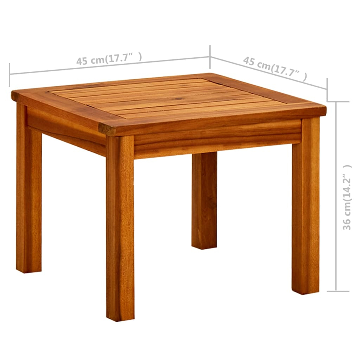 Ein quadratischer Holztisch mit sichtbarer Maserung. Abmessungen: 45 cm breit, 36 cm hoch. Braune Farbe.