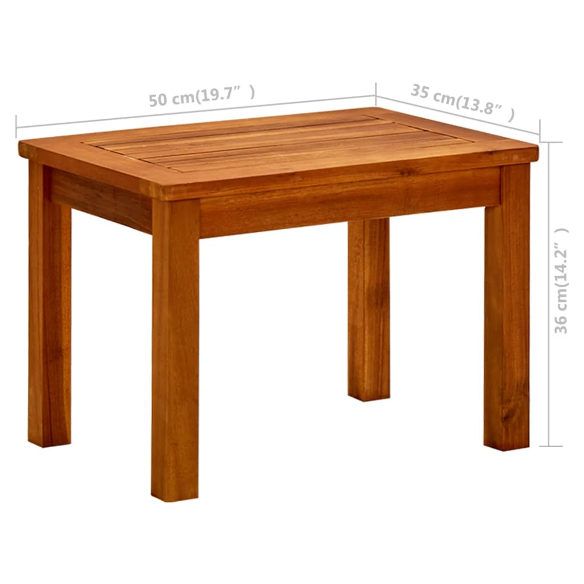 Ein kleiner Holztisch mit vier Beinen. Abmessungen sind beschriftet: 50 cm x 35 cm x 36 cm. Der Tisch ist braun mit einer Lattenoberfläche.