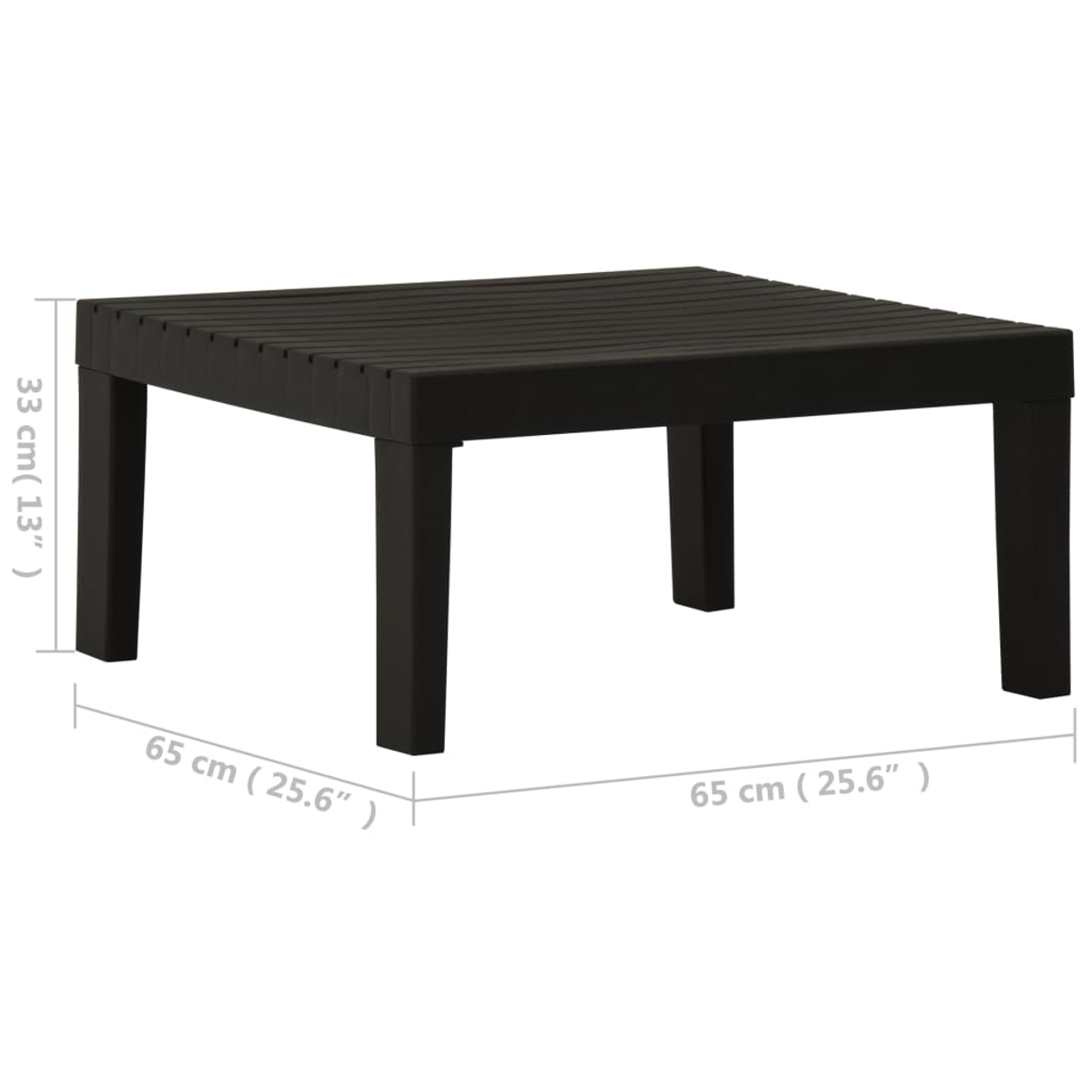 Ein schwarzer quadratischer Tisch mit vier Beinen. Die Abmessungen sind 65 cm x 65 cm x 33 cm. Messungen sind auf dem Bild geschrieben.