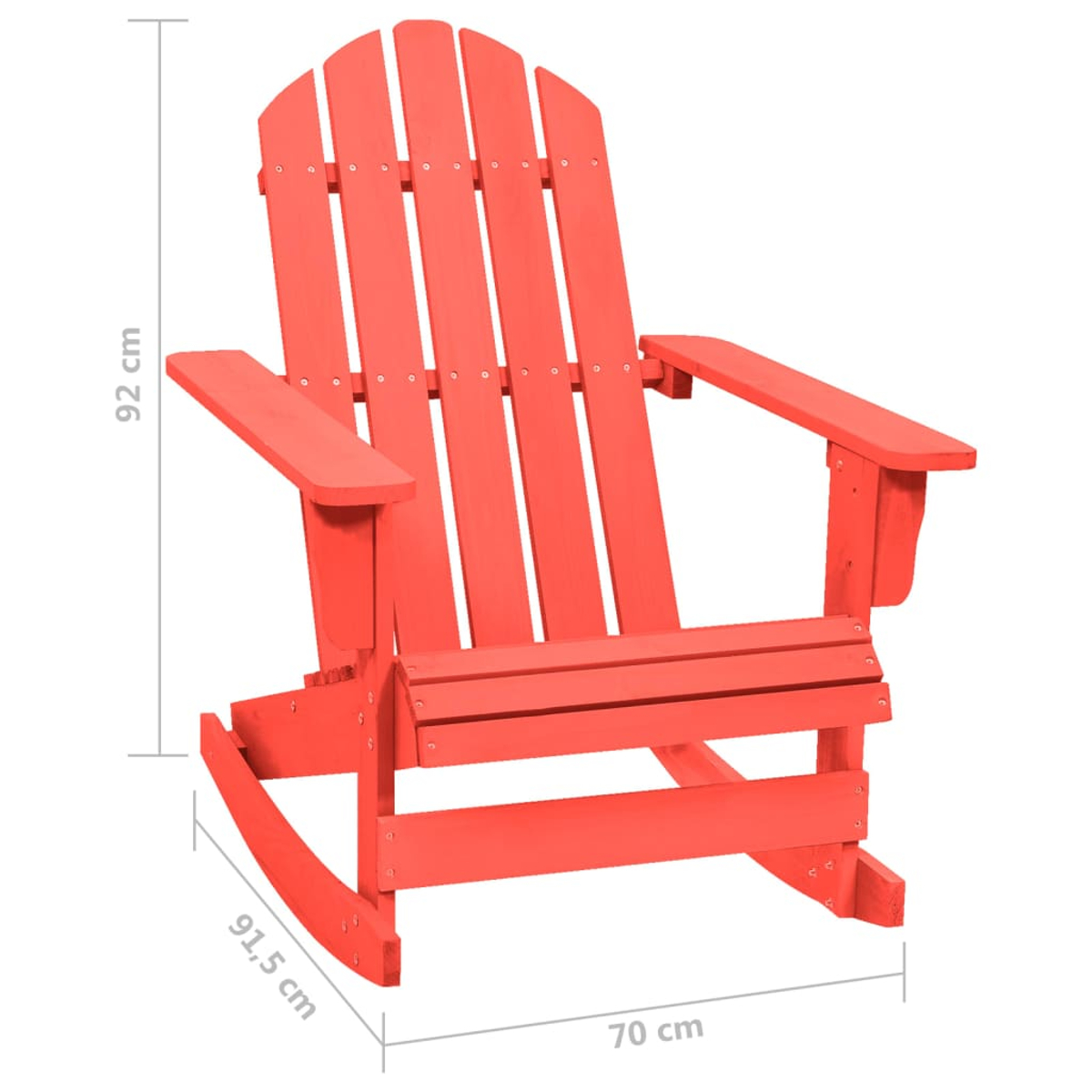 Ein roter Holzschaukelstuhl wird gezeigt. Abmessungen sind beschriftet: 92 cm Höhe, 91,5 cm Länge der Wippe und 70 cm Breite.
