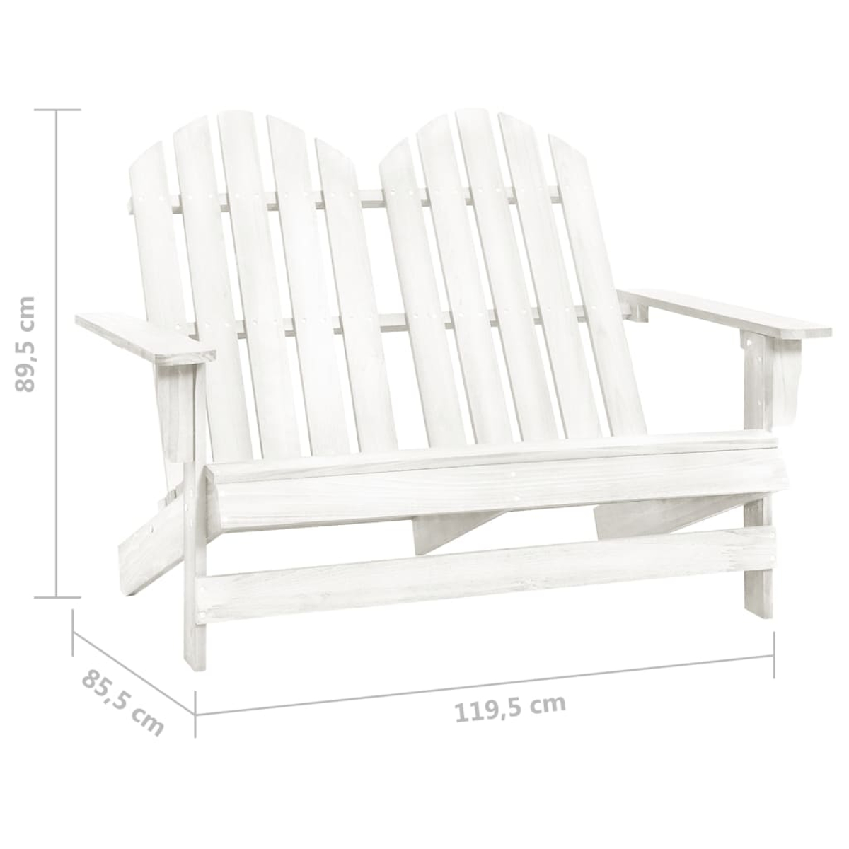 Ein weißer Doppel-Adirondack-Stuhl aus Holz mit Armlehnen und Abmessungen. Der Stuhl ist leer und steht auf weißem Hintergrund.