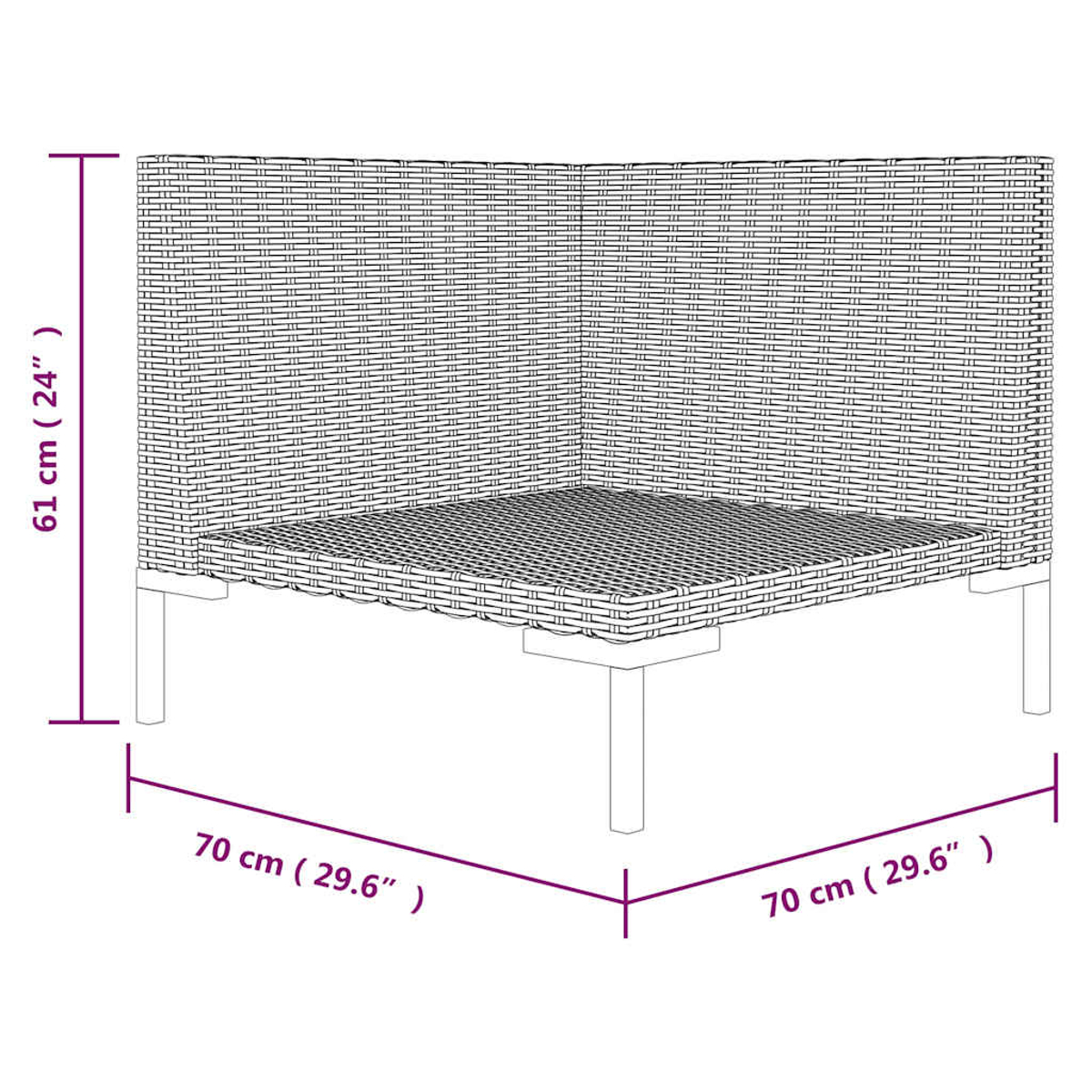 Ein geflochtener Korbsessel mit Rückenlehne und Sitzfläche. Die Abmessungen sind 70 cm x 70 cm und 61 cm hoch. Er hat vier Beine.