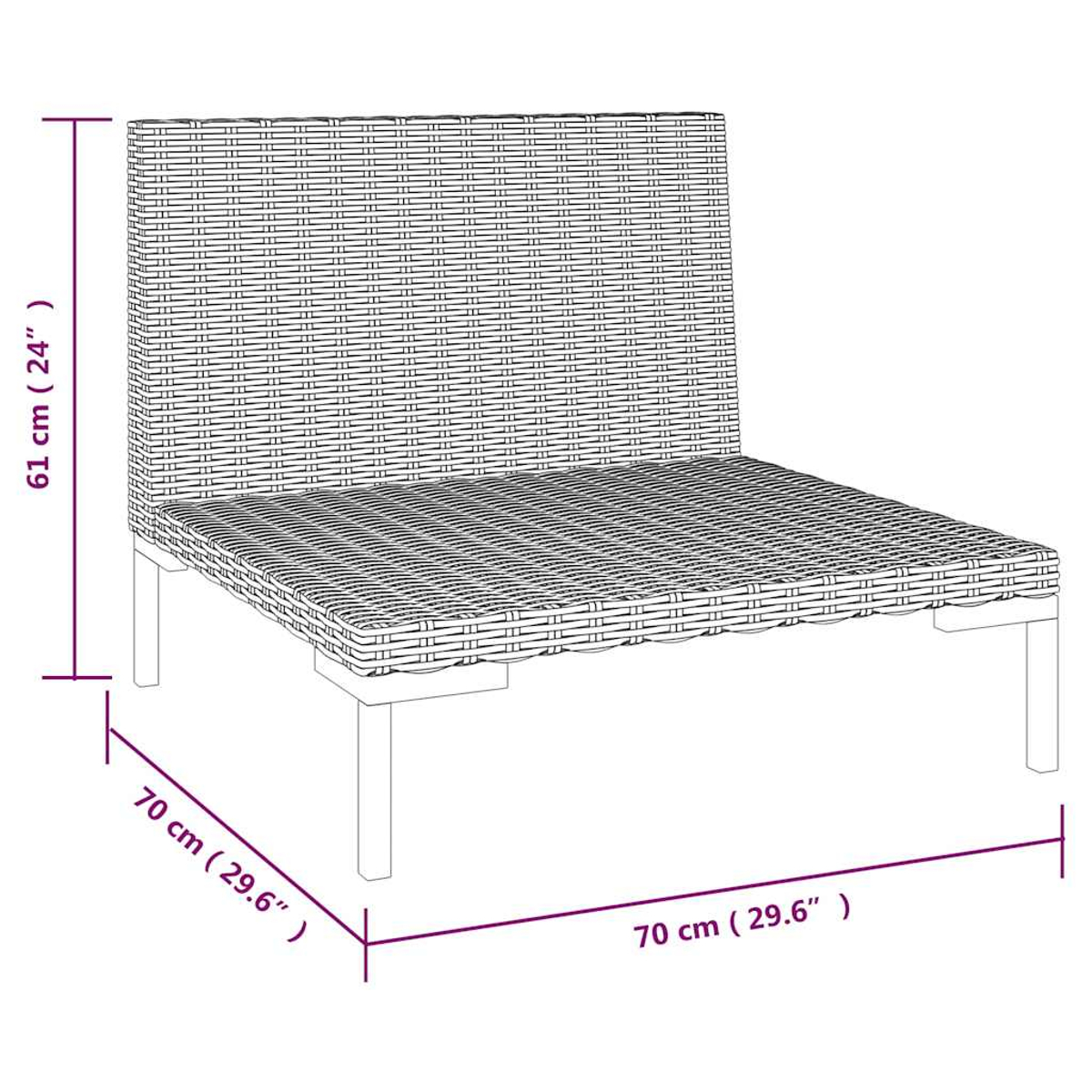 Ein Stuhl im Rattan-Stil mit den angegebenen Maßen: 61 cm Höhe und 70 cm Breite und Tiefe. Der Stuhl hat eine Rückenlehne und einen Sitz.