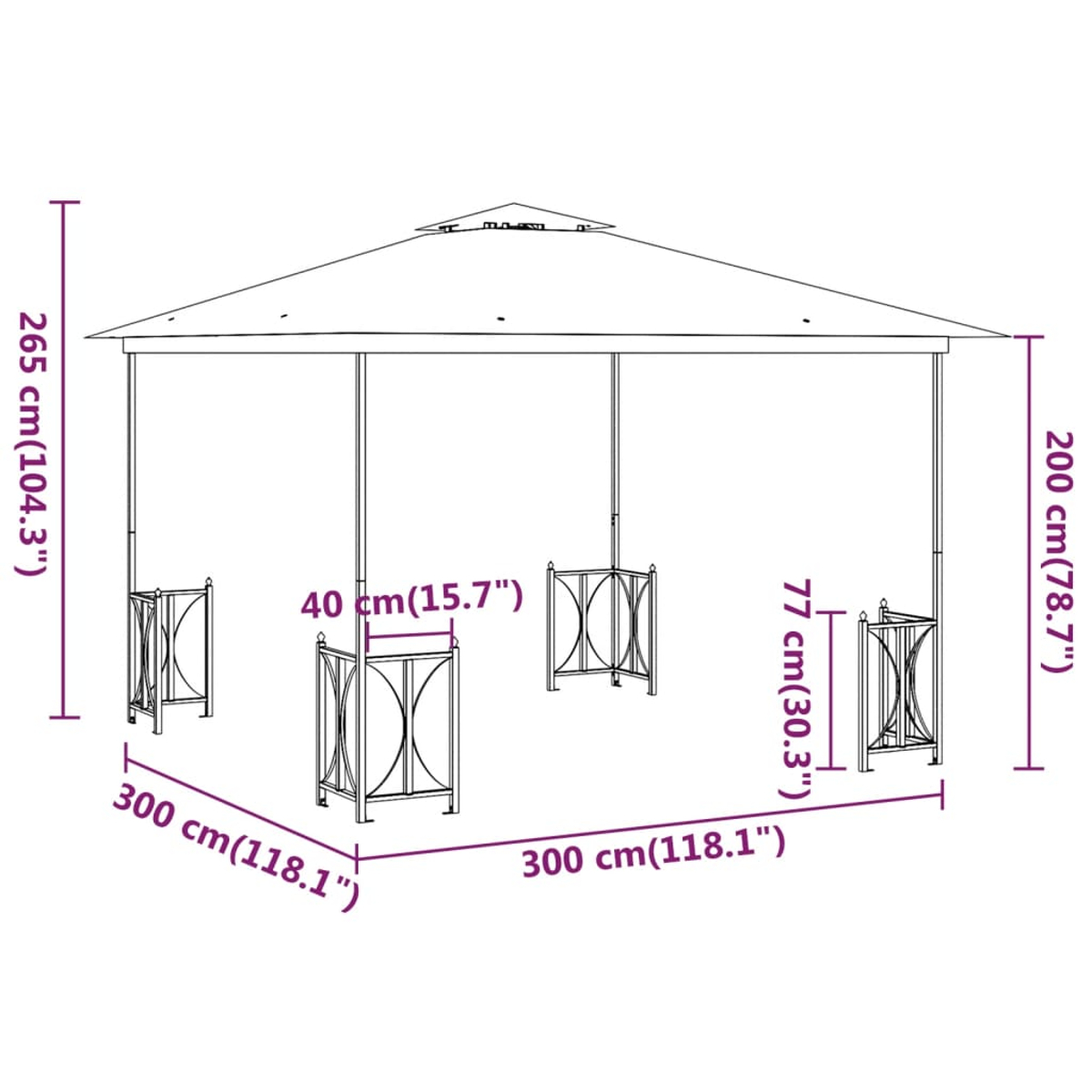 Ein Gazebo-Diagramm mit Abmessungen in cm und Zoll. Die Struktur hat ein Dach, Säulen und dekorative Elemente mit Maßen.