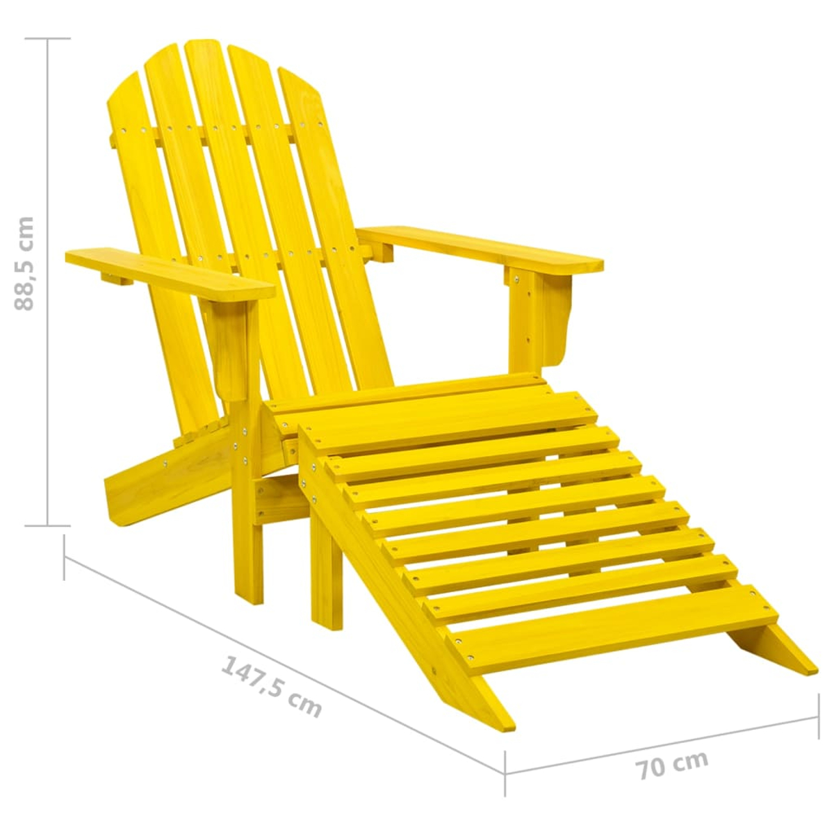 Ein gelber Adirondack-Stuhl mit Fußstütze. Der Stuhl ist aus Holz und vor weißem Hintergrund dargestellt.