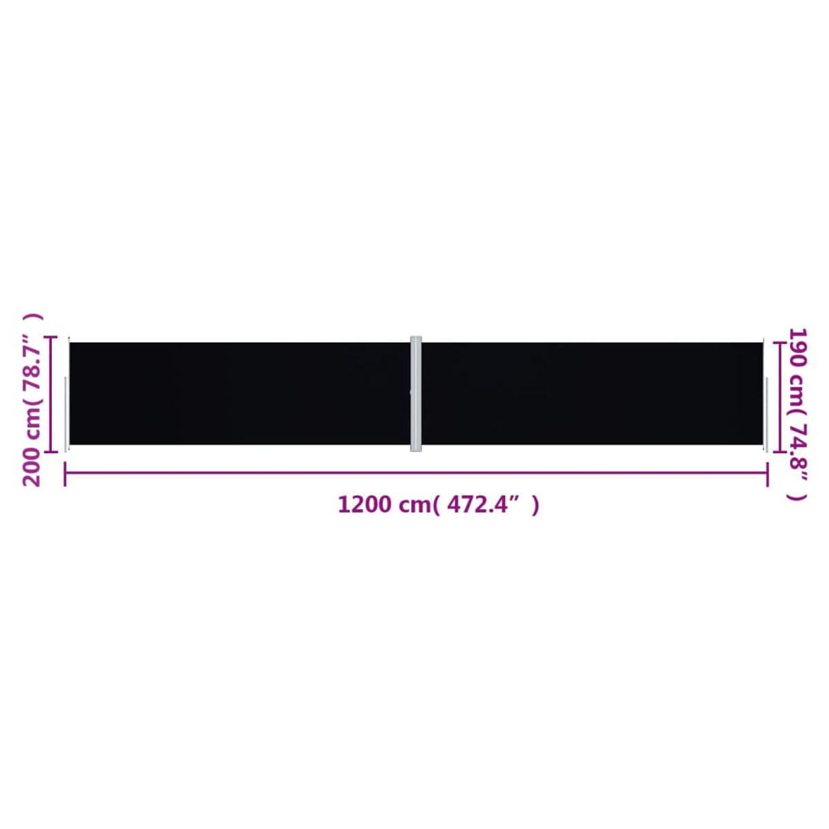 Schwarzer Tisch mit Abmessungen in cm und Zoll. Der Tisch ist 1200 cm lang, 200 cm hoch und 190 cm breit.