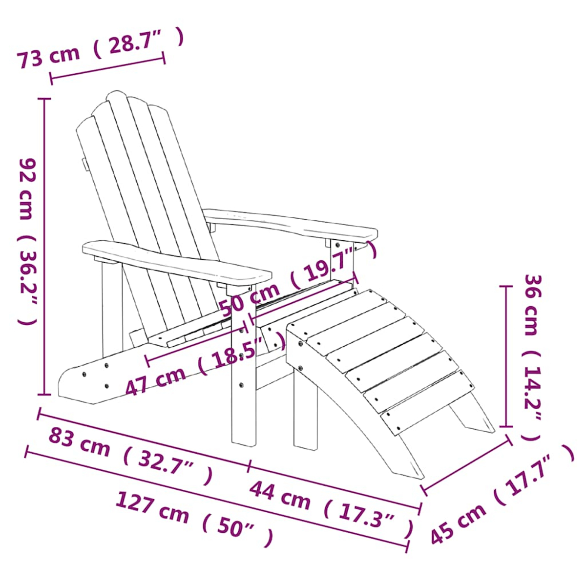 Detaillierte Diagramm eines Adirondack-Stuhls mit Abmessungen. Der Stuhl ist aus Holz, mit zurückgelehnter Rückenlehne und Fußstütze. Maße in cm und Zoll.