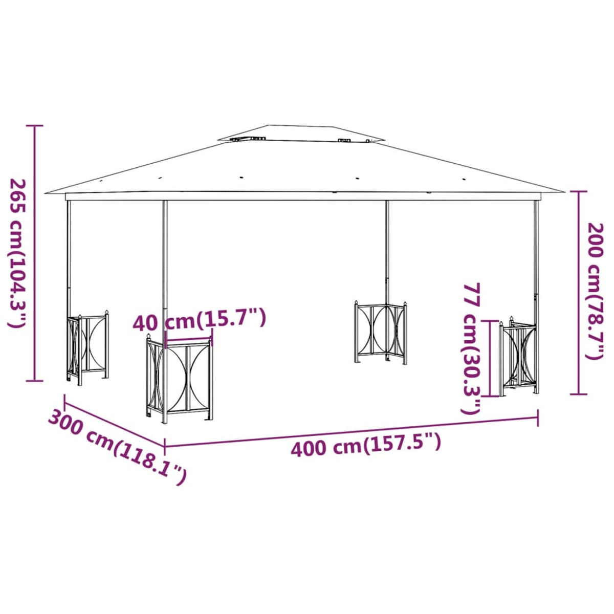 Diagramm eines Pavillons mit Abmessungen. Es hat ein rechteckiges Dach, das von Säulen und dekorativen Seitenteilen getragen wird, mit Beschriftungen.