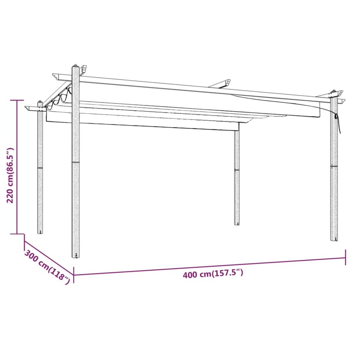 Eine weiße Pergola mit vier vertikalen Holzpfosten. Abmessungen: 220 cm (Höhe), 300 cm (Breite) und 400 cm (Länge).