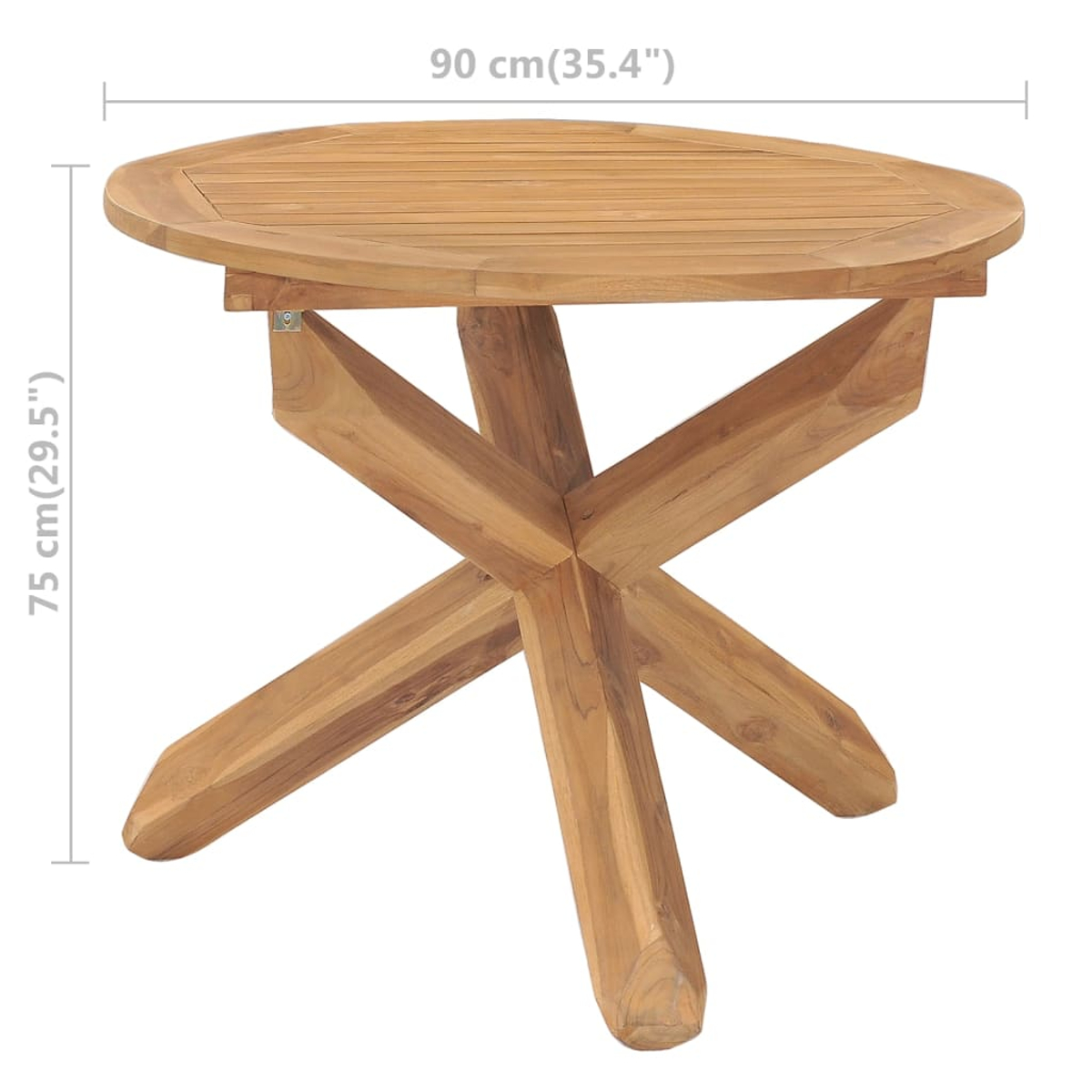 Ein ovaler Holztisch mit kreuzförmigem Untergestell. Maße sind 90 cm x 75 cm. Der Tisch ist auf weißem Hintergrund isoliert.