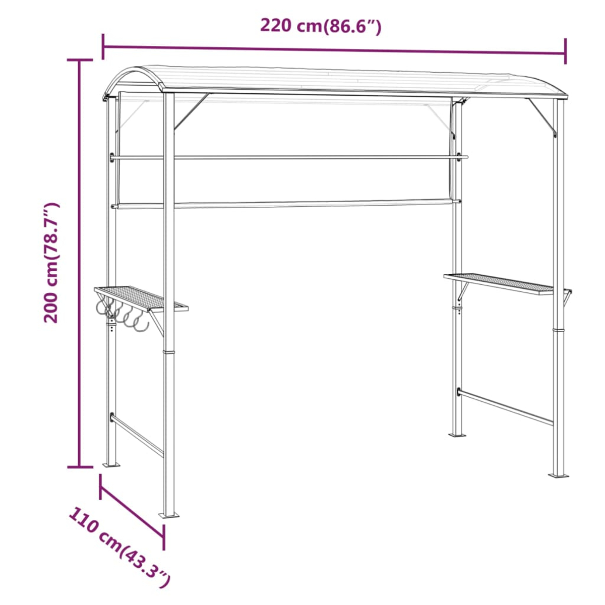 Eine Metall-Outdoorküchenstruktur mit Dach, Regalen und Haken. Abmessungen sind in cm und Zoll angegeben.