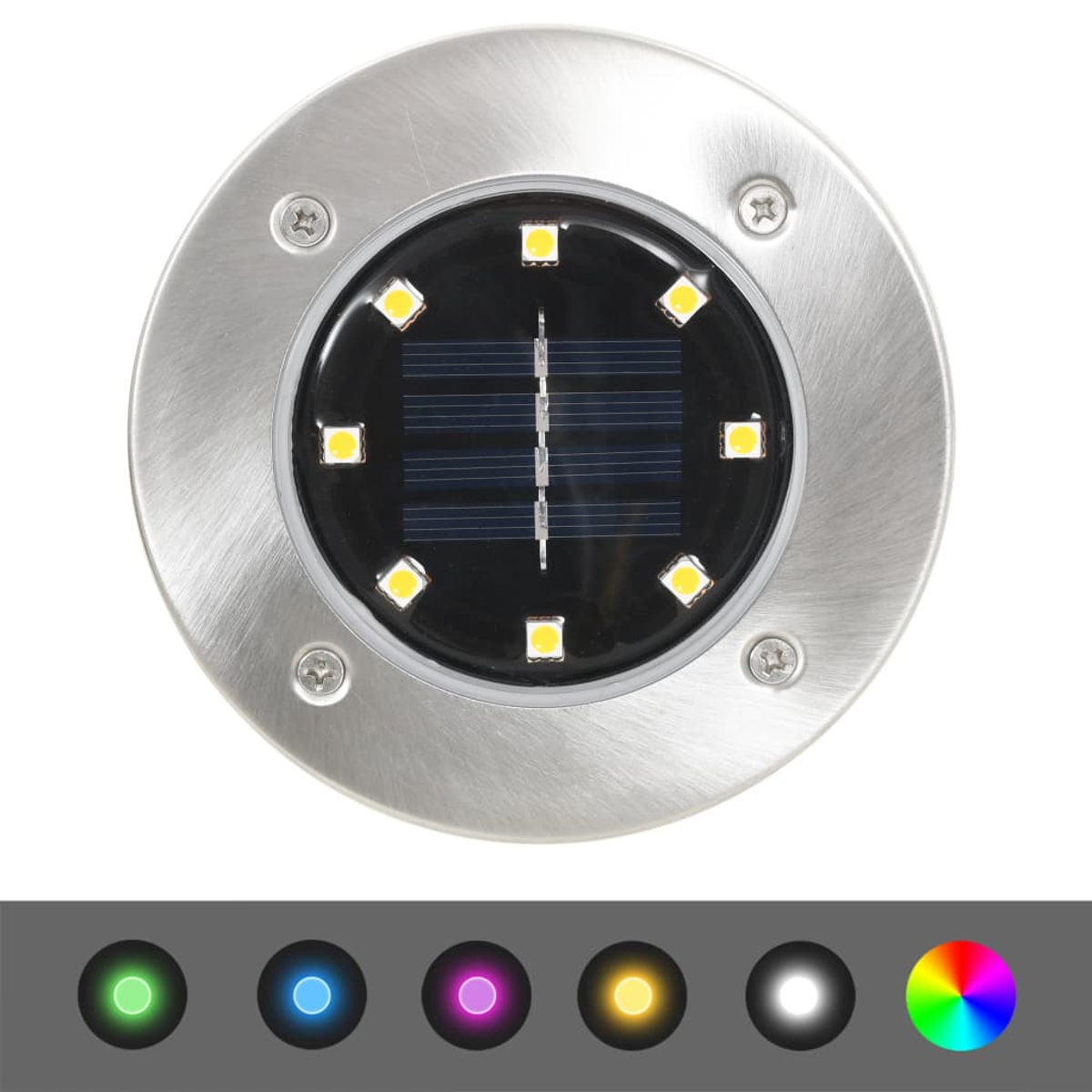 Ein solarbetriebenes LED-Licht. Es hat einen silberfarbenen Metallrahmen mit einem schwarzen Zentrum, das Solarzellen und LED-Leuchten enthält. Verschiedene Farboptionen sind sichtbar.
