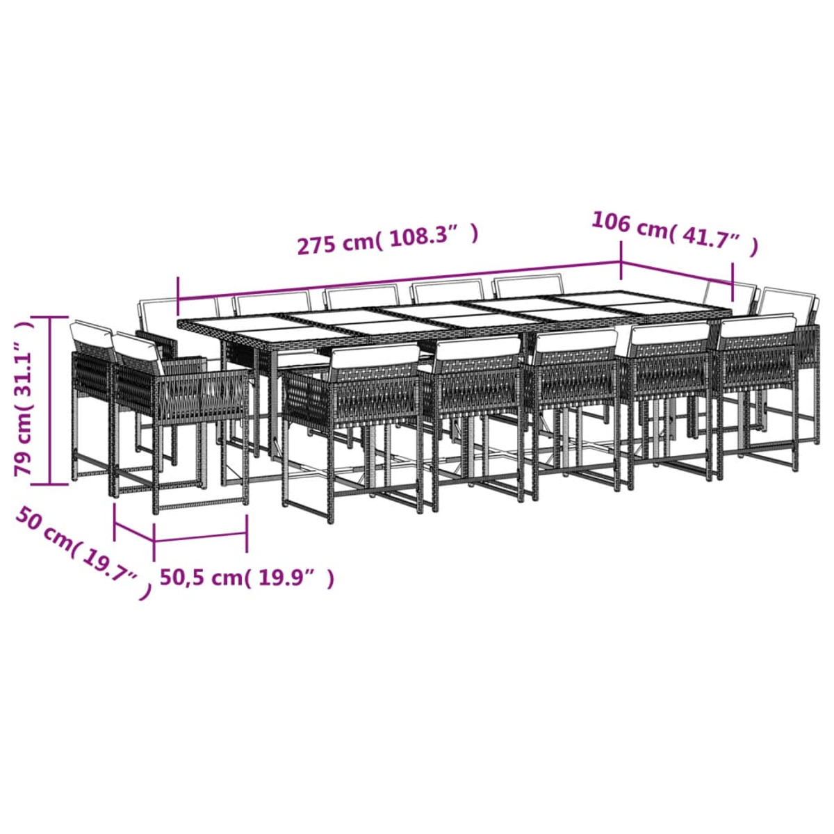 Ein Esszimmer-Set für den Außenbereich. Es hat einen langen Tisch mit mehreren Stühlen. Abmessungen sind angegeben.