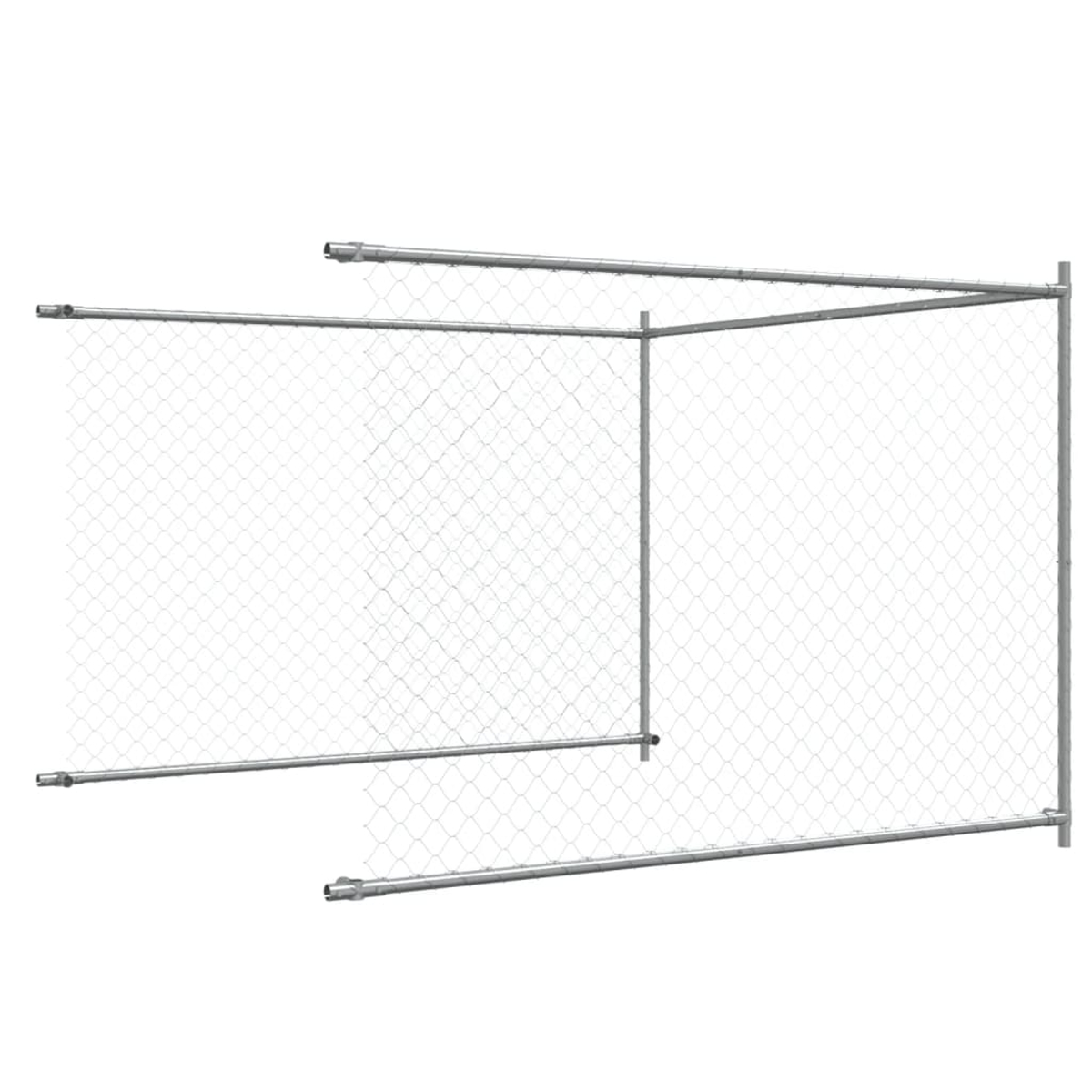 Ein Maschendrahtzaun aus silbernem Metall bildet eine Ecke. Der Hintergrund ist schlicht weiß.