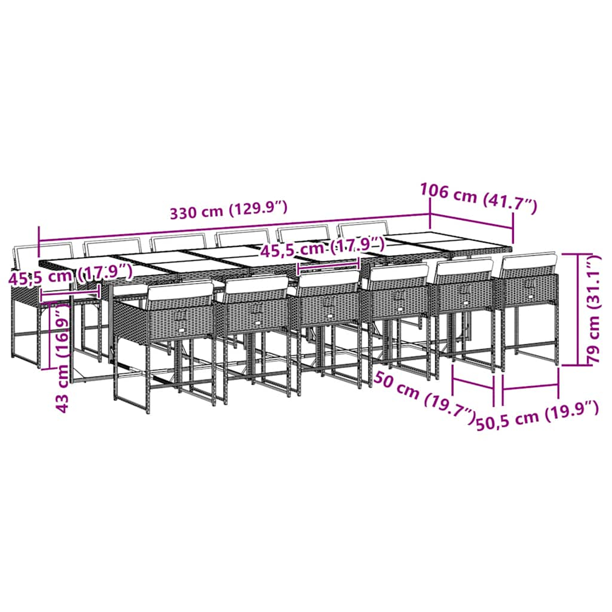 Viene mostrato un grande set da pranzo all'aperto con un lungo tavolo e sedie. Le dimensioni sono indicate in centimetri e pollici.