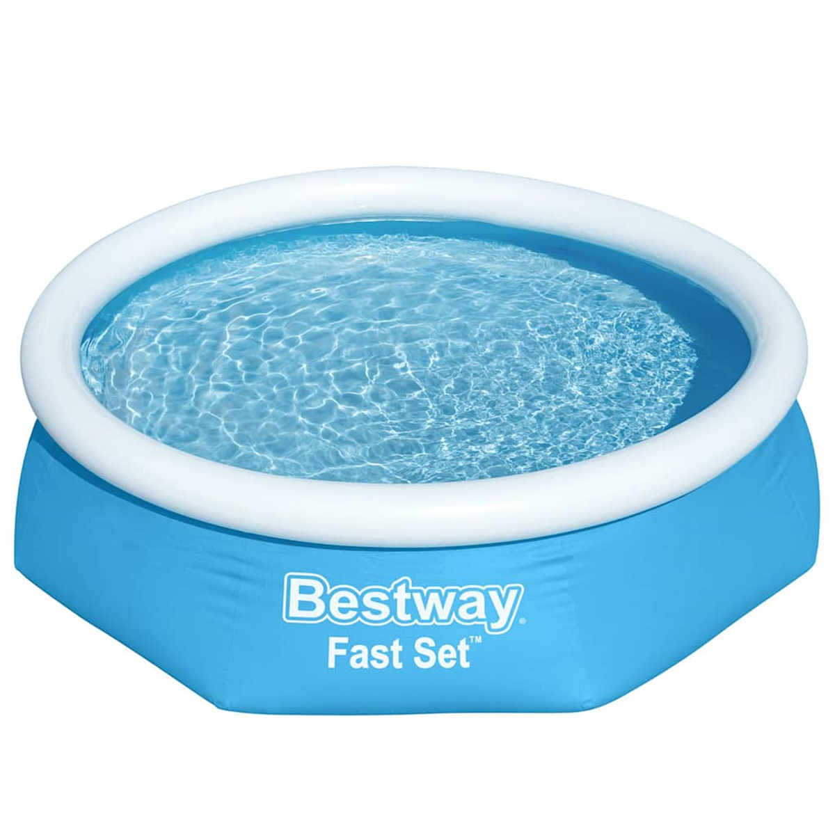 Ein runder, blauer Bestway Fast Set Pool, gefüllt mit Wasser. Der obere Rand ist weiß. Die Wasseroberfläche reflektiert Licht.