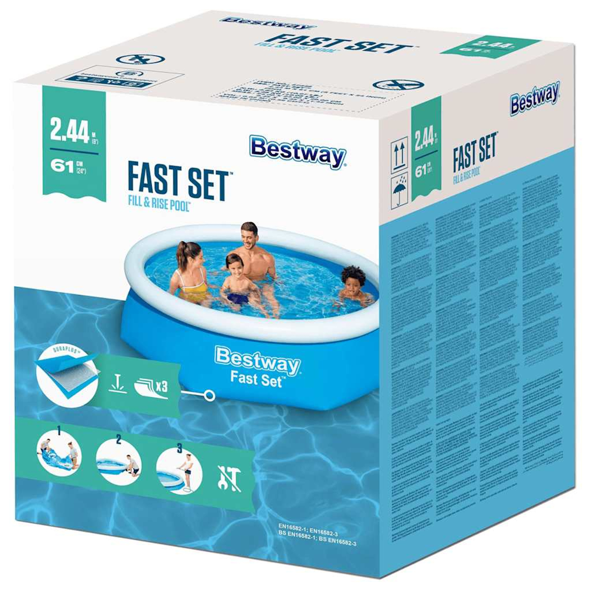 Die Schachtel zeigt einen Bestway Fast Set Pool mit einer vierköpfigen Familie. Die Schachtel ist blau und weiß mit Produktdetails.