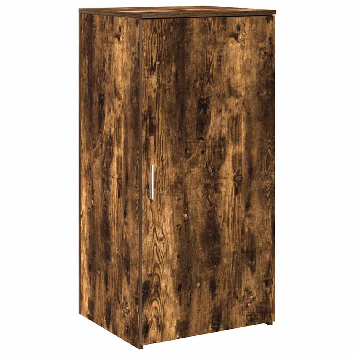 Ein hoher Holzschrank mit einer einzigen Tür und einem silbernen Griff. Das Holz hat eine dunkelbraune, strukturierte Maserung.