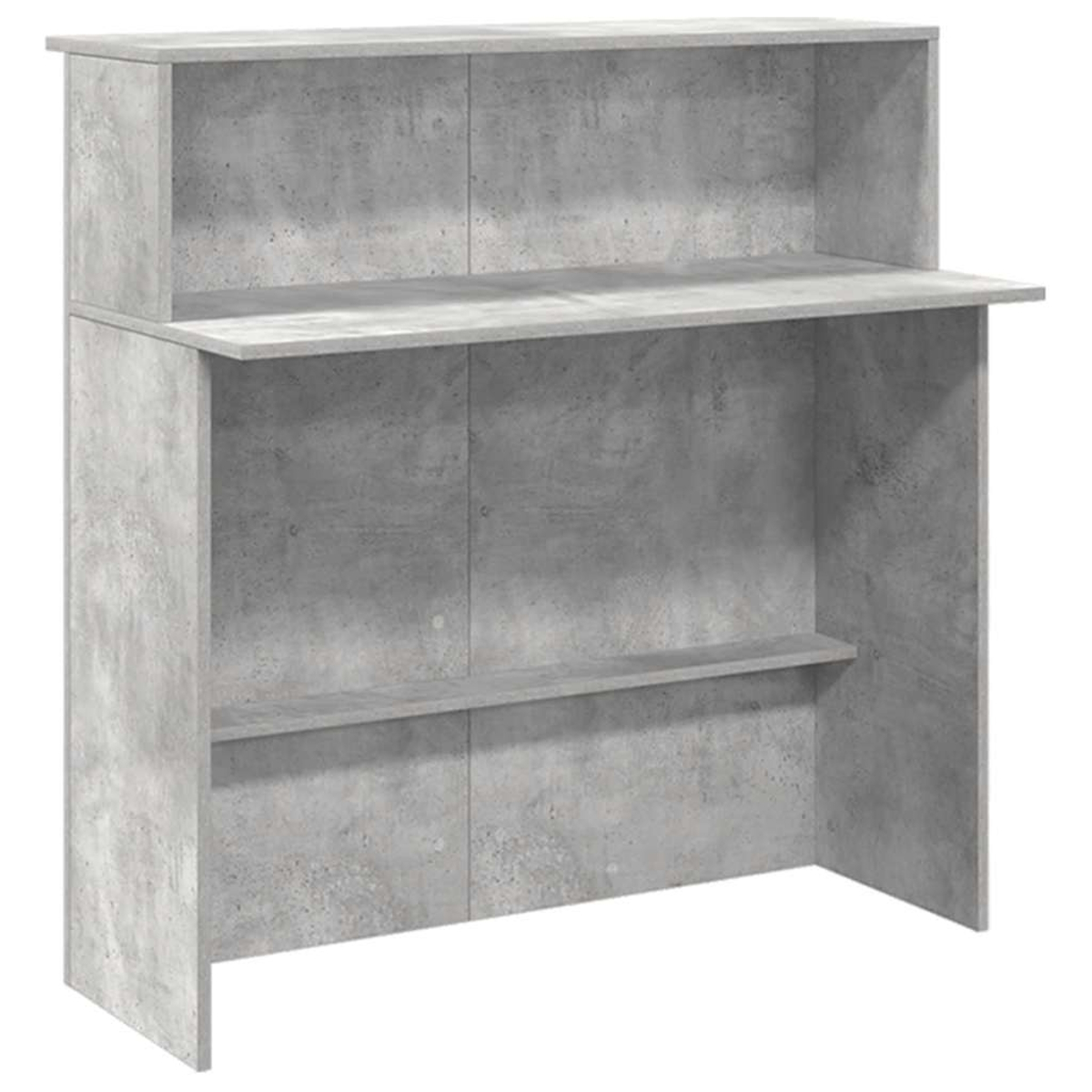 Ein graues Regal im Beton-Look. Es hat zwei Regale und einen oberen Abschnitt. Das Gerät hat eine neutrale Farbe und ein modernes Design.