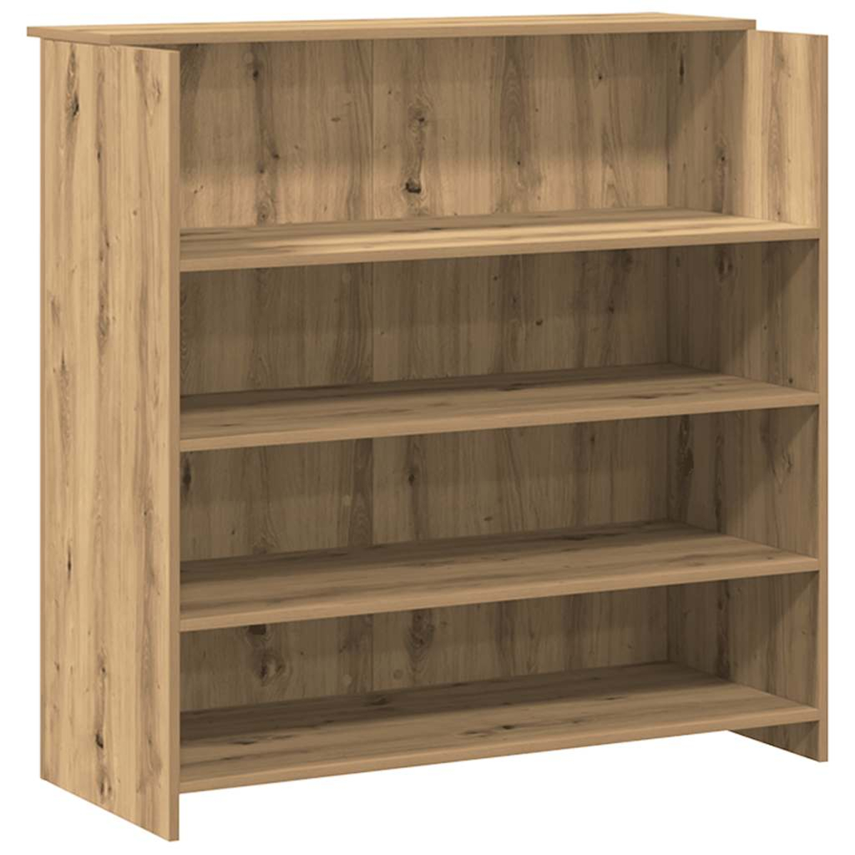 Ein Bücherregal aus Holz mit vier Regalen. Das Holz hat eine hellbraune, natürliche Maserung. Die Regale sind leer.