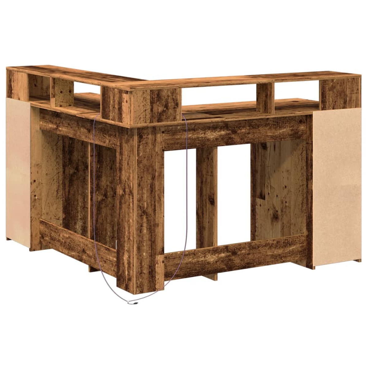 Eine L-förmige Holzbar mit sichtbarer Holzmaserung. Sie hat eine hellfarbene Seitenwand und ein violettes Kabel hängt herunter.