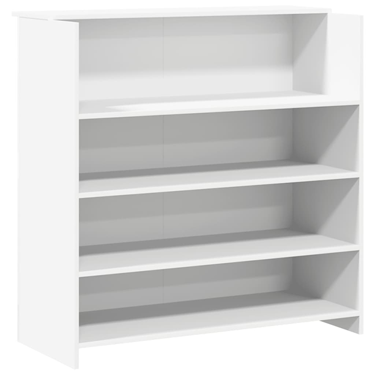 Ein weißes Bücherregal mit offenen Regalen und vier Ablagen. Die Regale sind gleichmäßig verteilt, das Design ist schlicht.