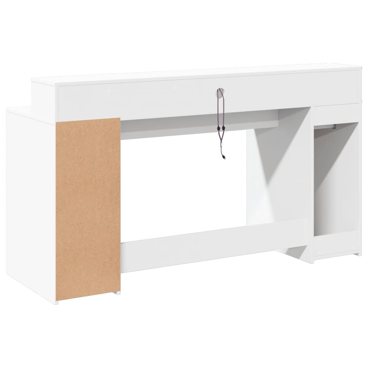 Ein weißer Schreibtisch mit offenem Bereich und einem seitlichen Schrank. Auf der linken Seite befindet sich eine braune Platte. Ein Kabel hängt von oben herab.