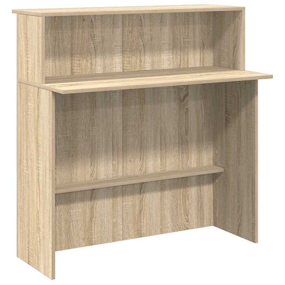 Holz-Empfangstresen mit Regalen und einer Arbeitsplatte. Es hat eine hellbraune Holzmaserung.