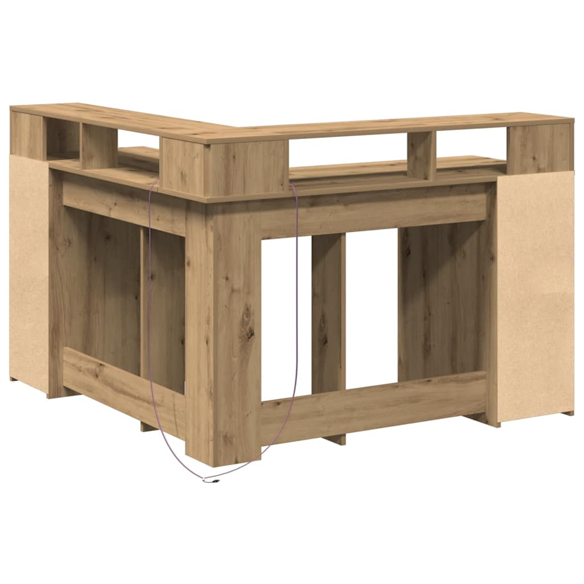 Eckschreibtisch aus Holz mit offenen Bereichen und einem oberen Regal. Ein lila Kabel hängt herunter. Der Schreibtisch ist hellbraun.