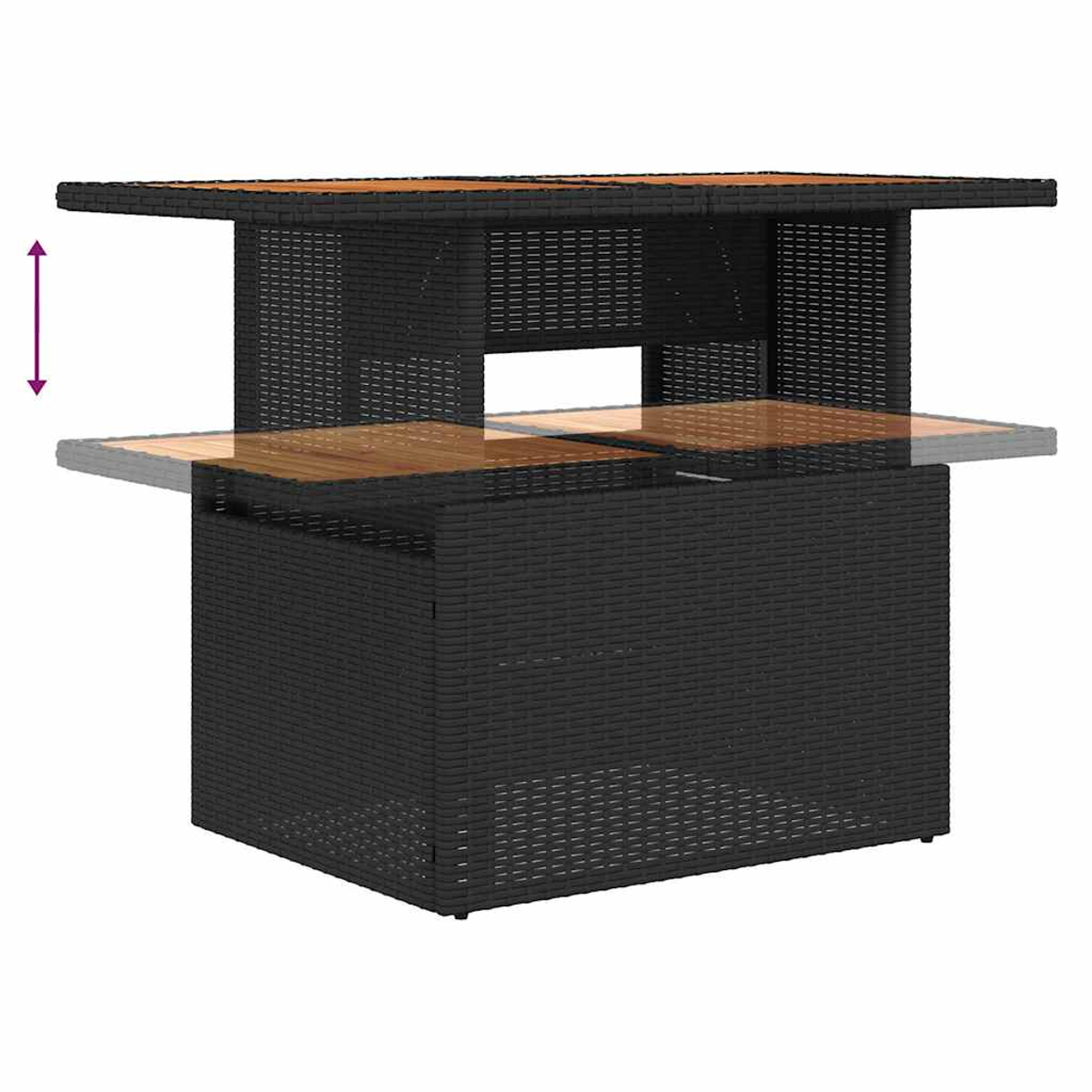 Ein schwarzer Outdoor-Bartisch aus Korbgeflecht mit Holzplatte und Auszügen. Ein Pfeil zeigt die verstellbare Höhe.