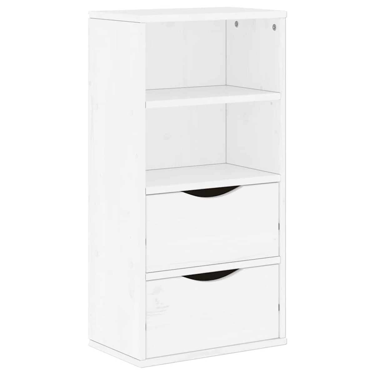 Ein weißer Holzschrank mit zwei Schubladen und zwei Regalen. Es ist ein einfaches, modernes Design.