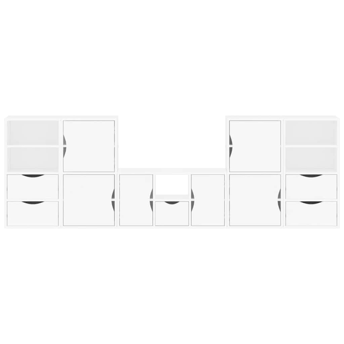 Ein weißes, modulares Schranksystem. Es hat Schubladen, Türen und Regale. Das Design ist symmetrisch mit zwei ähnlichen Abschnitten auf jeder Seite.