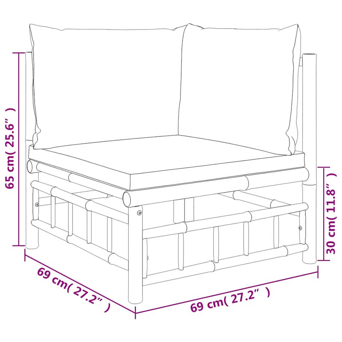 Ein Ecksofa aus Bambus mit Kissen. Abmessungen sind angegeben. Das Sofa hat eine quadratische Form, mit Kissen für Sitz und Rücken.