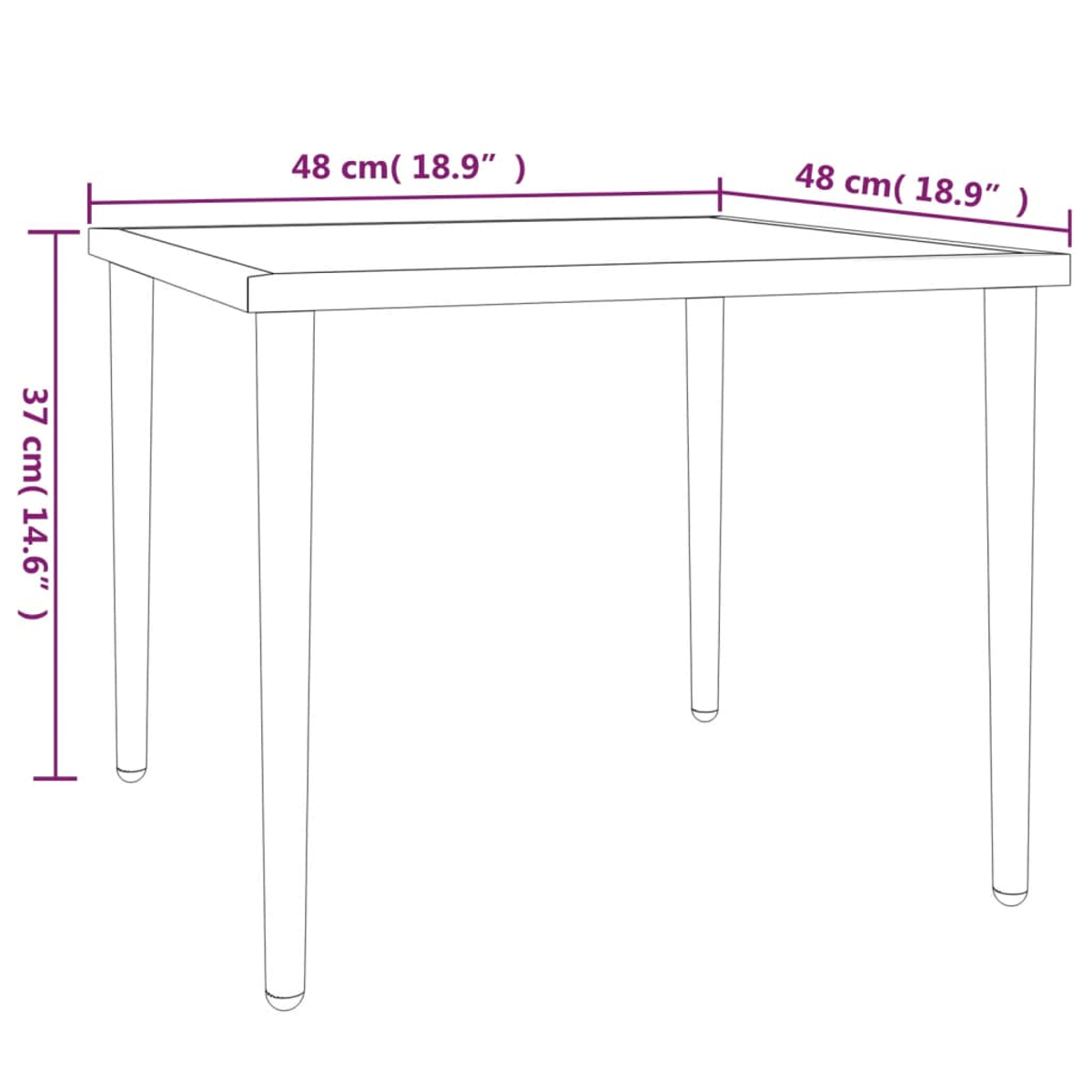 Eine Strichzeichnung eines quadratischen Tisches. Abmessungen sind beschriftet: 48 cm x 48 cm oben und 37 cm hoch. Es hat vier Beine.