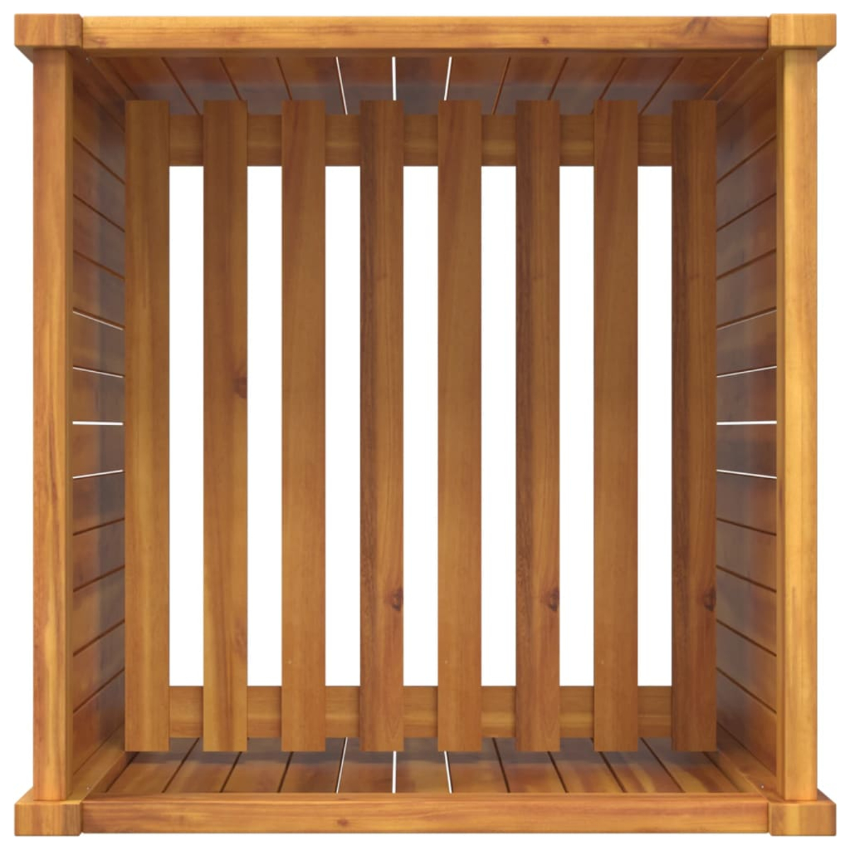 Holzstruktur mit vertikalen Lamellen in einem offenen rechteckigen Rahmen. Braunes Holz mit hellem Hintergrund.