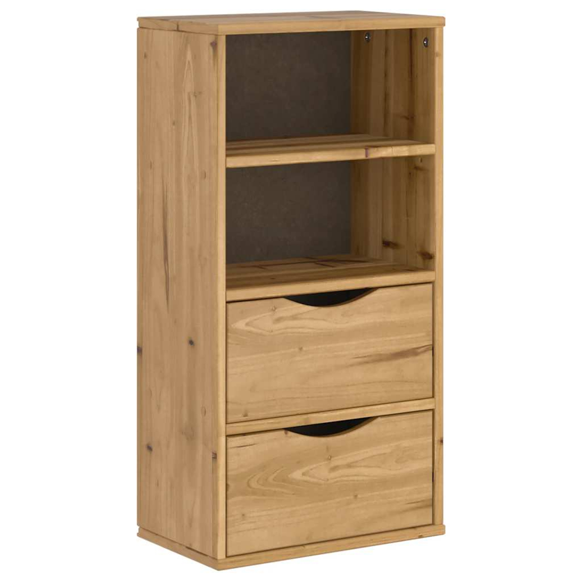 Ein Holzschrank mit zwei Schubladen und zwei Regalen. Der Schrank ist hellbraun.