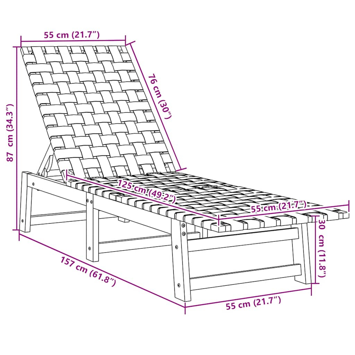 Disegno a linea di una sedia a sdraio in legno, con dimensioni in cm e pollici. La sedia a sdraio ha seduta e schienale intrecciati.