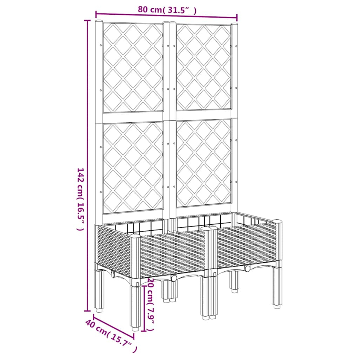 Ein Gartenpflanzer mit Gitterrückwand und einer korbartigen Pflanzkasten. Abmessungen sind beschriftet: 80cm, 142cm, 40cm und 20cm.